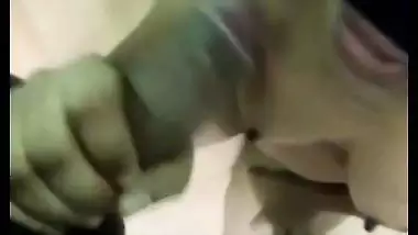 Man blindfolds the lady and gets an Indian blowjob