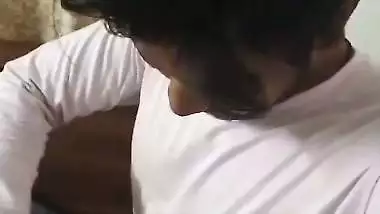 Cute girlfriend hot blowjob to boyfriend with smile