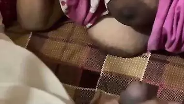 Son masturbating before mom with her big boobs shown